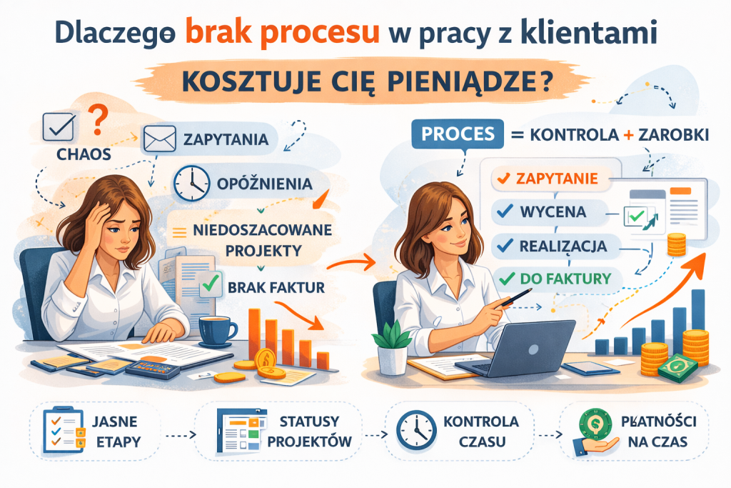 Infografika pokazująca, jak brak procesu w pracy z klientami prowadzi do strat finansowych, opóźnień i chaosu w biznesie freelancera.