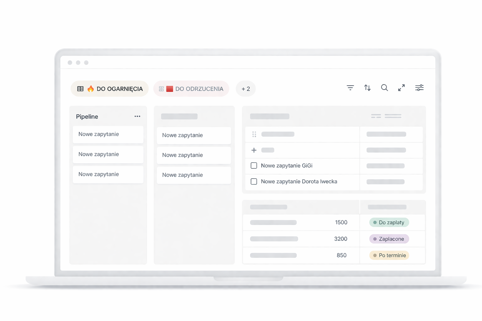Mockup mini CRM dla freelancera pokazujący pipeline klientów, zapytania, zadania i statusy płatności w prostym systemie pracy.