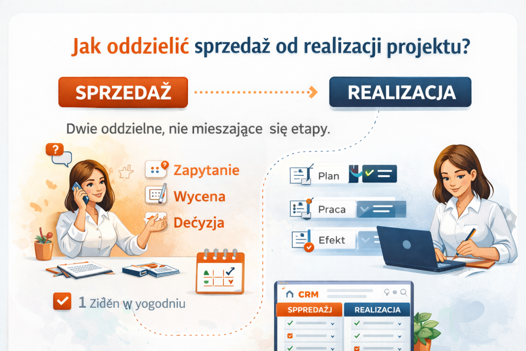Schemat pokazujący, jak oddzielić sprzedaż od realizacji projektu w pracy freelancera - dwa wyraźne etapy procesu.