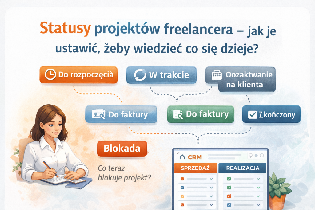 Statusy projektów freelancera przedstawione w formie schematu z etapami: do rozpoczęcia, w trakcie, oczekiwanie na klienta, do faktury, zakończony.