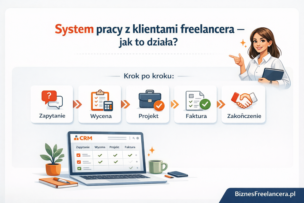 Schemat systemu pracy z klientami freelancera przedstawiający etapy: zapytanie, wycena, projekt, faktura i zakończenie.