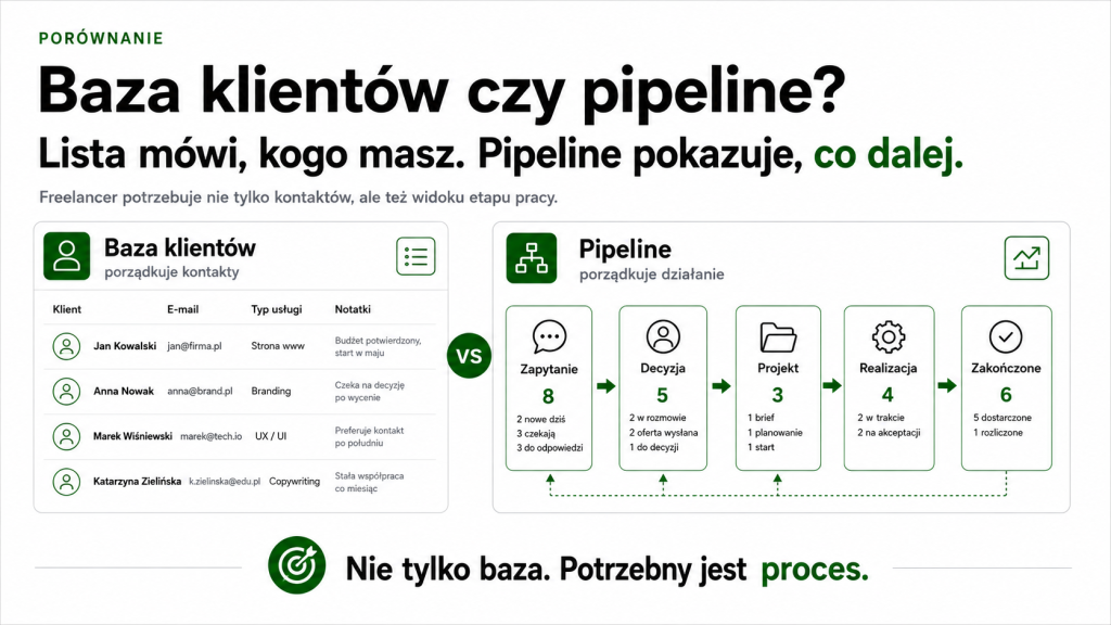 Baza klientów dla freelancera i pipeline klientów jako porównanie listy kontaktów z procesem pracy.