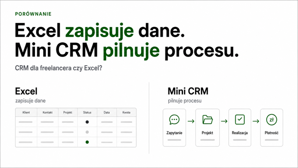 Porównanie Excela i mini CRM dla freelancera pokazujące różnicę między zapisywaniem danych a pilnowaniem procesu pracy z klientem.