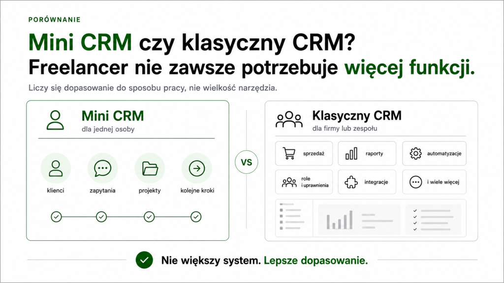 Porównanie mini CRM i klasycznego CRM pokazujące, że freelancer często potrzebuje prostego systemu pracy, a nie rozbudowanego narzędzia sprzedażowego.