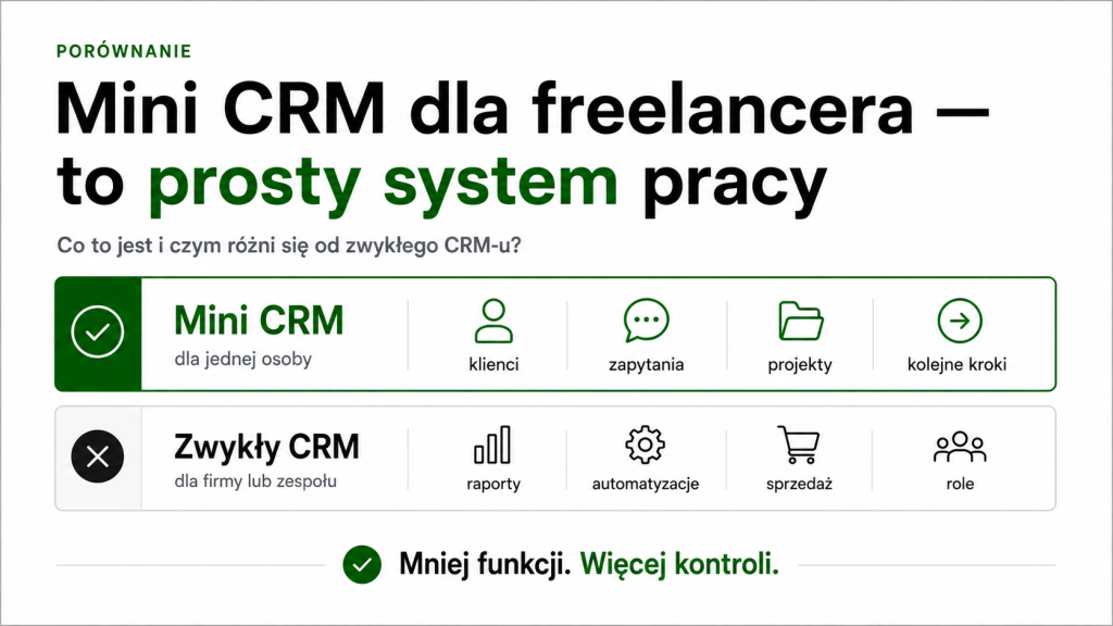 Grafika wyjaśniająca, czym jest mini CRM dla freelancera i czym różni się od zwykłego CRM-u dla firmy lub zespołu.
