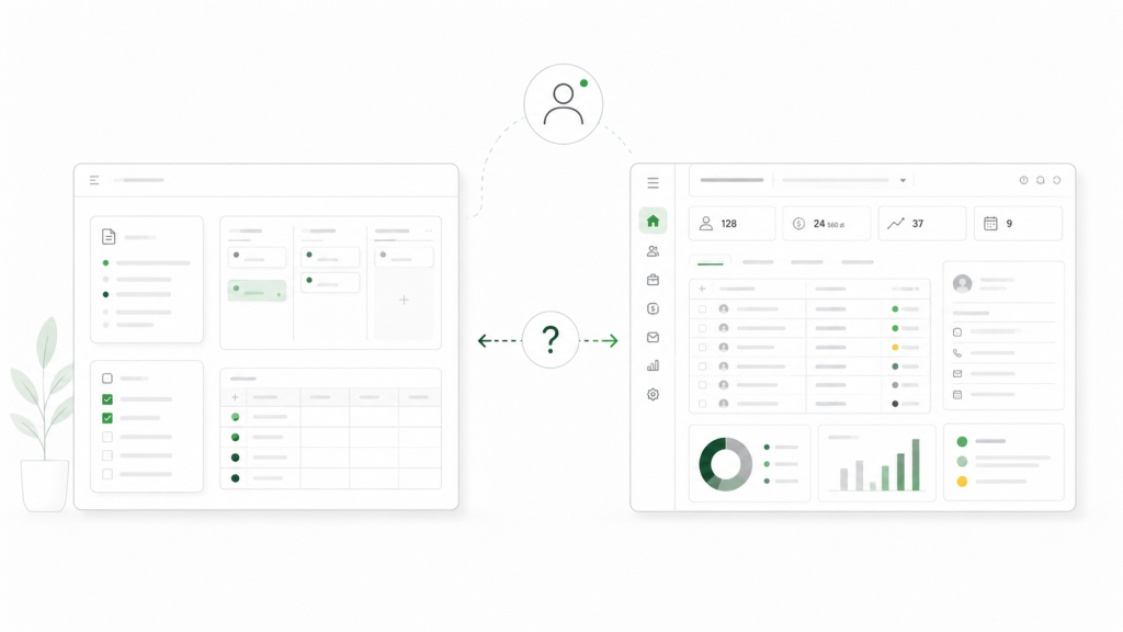 Porównanie Notion i klasycznego CRM dla freelancera pracującego solo w minimalistycznej grafice.