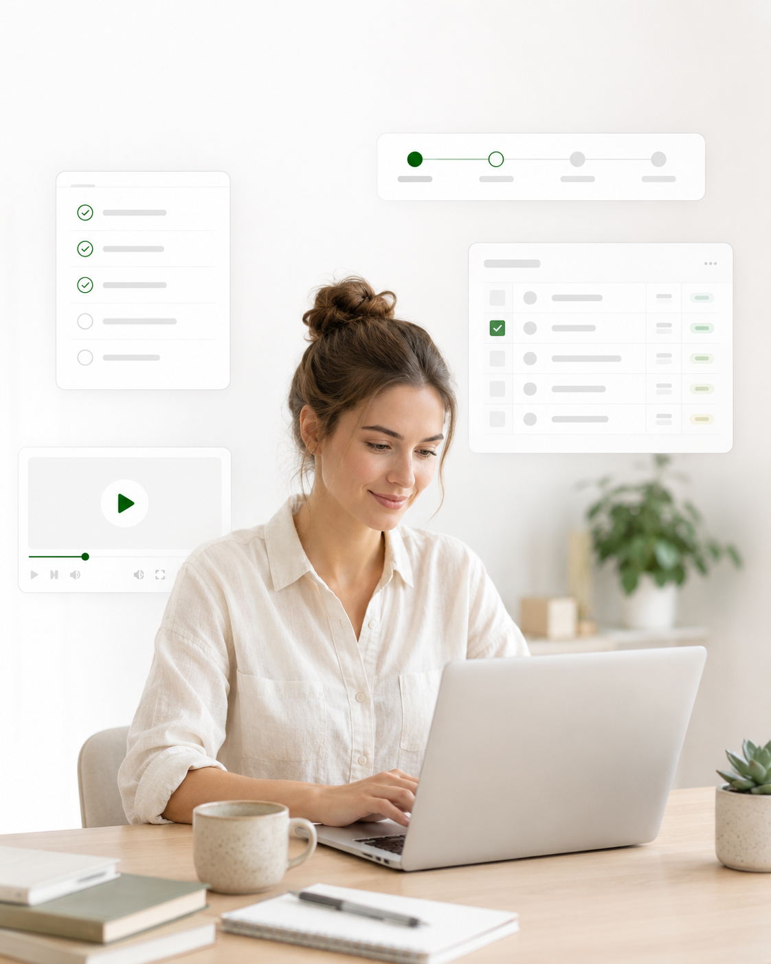 Freelancerka pracująca przy laptopie z delikatnymi elementami systemu pracy, checklisty i procesu projektowego