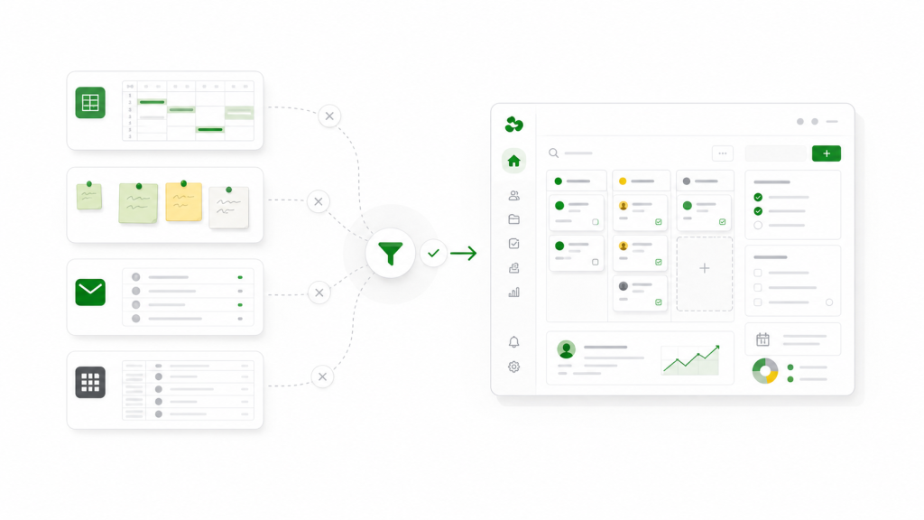 Prosty CRM po polsku dla freelancera pokazany jako uporządkowany system klientów, zapytań i projektów.